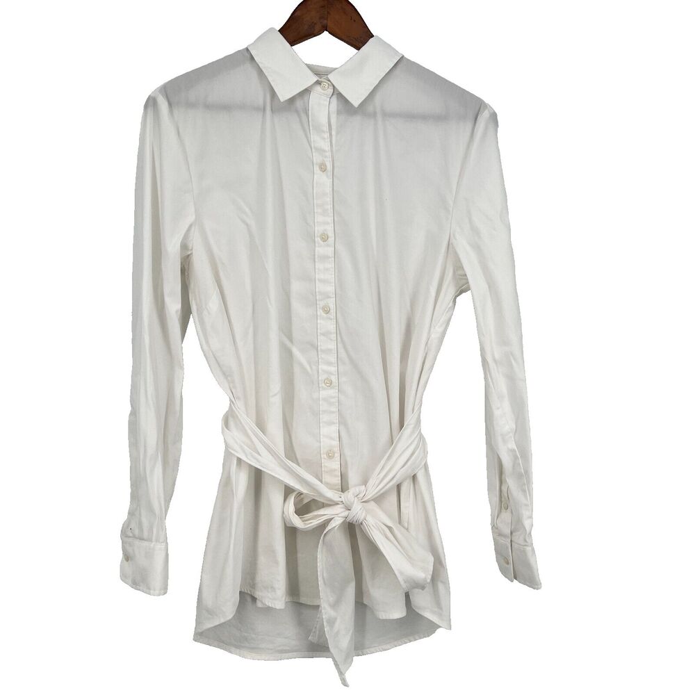 UNTUCKit Womens L Mini Dress Tunic White Longsleeve Stretch Button Up Tie Waist